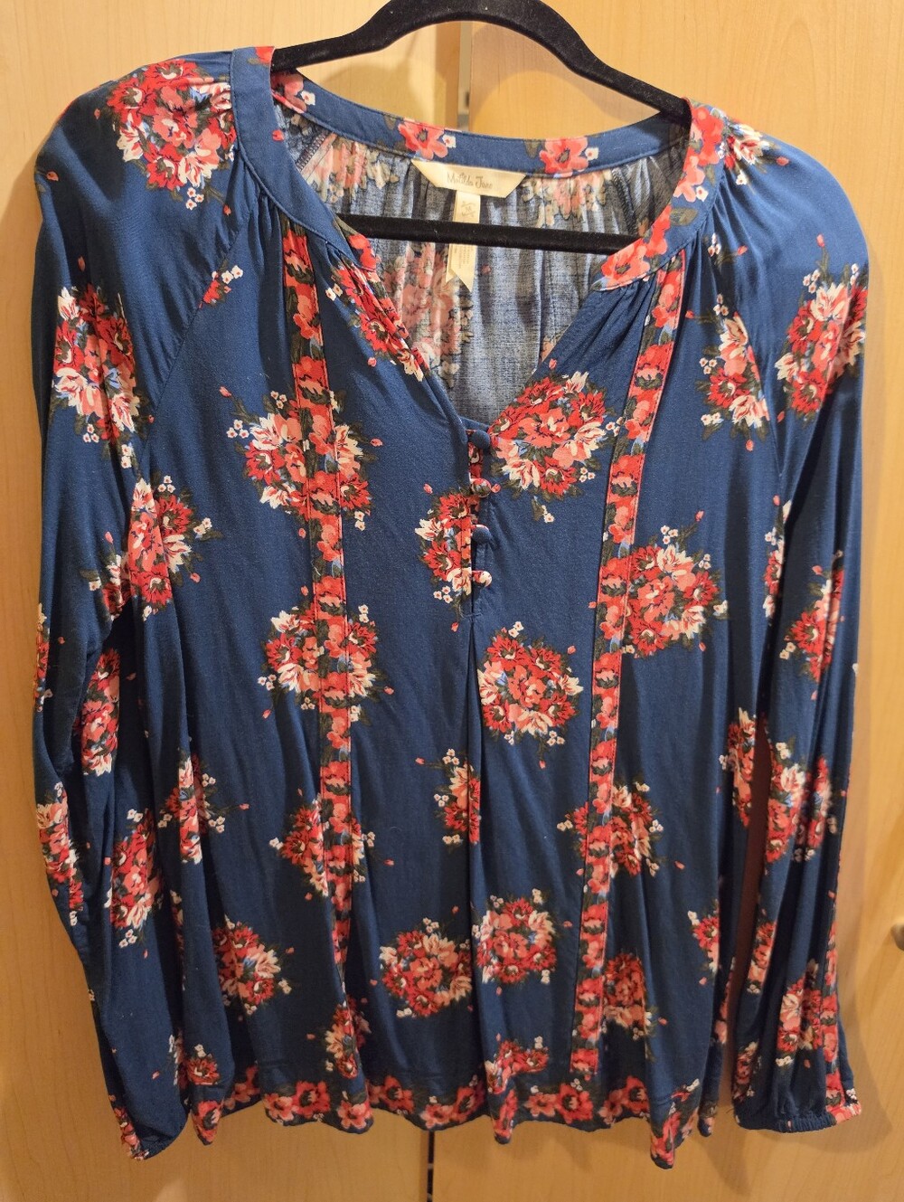 Matilda Jane Navy Floral Button-Up Blouse with Red Bouquet Print